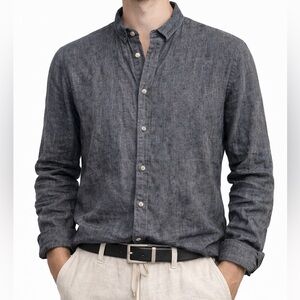 Simons Le 31 Men XL Gray Button-Up Shirt 100% Linen Adjustable Sleeves Academia